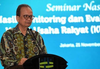 Deputi Bidang Usaha Mikro KemenKopUKM Yulius pada acara Seminar Nasional Hasil Monitoring dan Evaluasi (Monev) Pelaksanaan KUR Tahun 2023, di Jakarta, Selasa (21/11). 