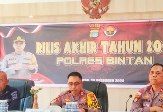 Kapolres Bintan AKBP Riky Iswoyo, S.I.K., M.M., didampingi Wakapolres Bintan, Kompol Eri Sujati, S.H., M.H dan Kasi Humas Polres Bintan Iptu Prasojo, menggelar rilis kerja selama tahun 2024 