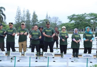 Pj. Gubernur Safrizal didampingi istri Safriati Safrizal yang juga Ketua TP PKK Kep. Babel, Sekda Babel, Forkopimda Babel, instansi vertikal, perwakilan BUMN, pihak perbankan, seluruh Perangkat Daerah di Lingkungan Pemprov. Kep. Babel, dan perwakilan kabupaten/kota, saat penanaman komoditas, Senin (15/1/2024).