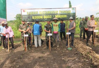 Danrem 081/DSJ Kolonel Inf H. Sugiyono saat tanam jagung di wilayah Saradan Kabupaten Madiun, Minggu (3/3)