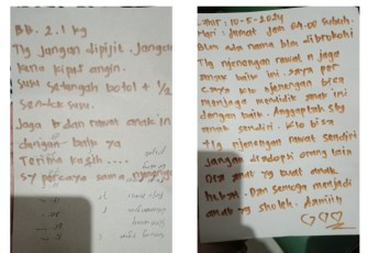 Surat wasiat yang ditinggalkan pelaku pembuang bayi di Cepu Kidul kelurahan Cepu kabupaten Blora
