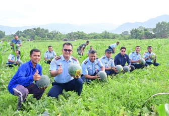 Danlanud Sutan Sjahrir Kol Nav Wahyu Bintoro saat panen raya semangka, Kamis (23/10)