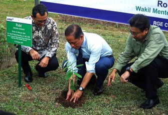 Menteri LH Hanif Faisol Nurofiq saat tanam bibit pohon di Riau, AsiaFlux 2025