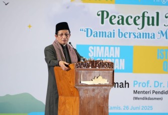 Menag dalam acara peringatan 1 Muharam tingkat kenegaraan yang bertema Peaceful Muharram: Damai Bersama Manusia dan Alam, yang digelar di Masjid Istiqlal, Jakarta, Kamis (26/6/2025).