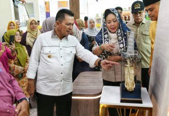 Titiek Soeharto menyimak penjelasan Gubernur Kepri mengenai salah satu koleksi budaya di Gedung LAM Kepri, Tanjungpinang, Minggu (22/6).