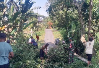 Babinsa dan Warga Bulu Bergotong Royong Pangkas Dahan Pohon di Sepanjang Jalan